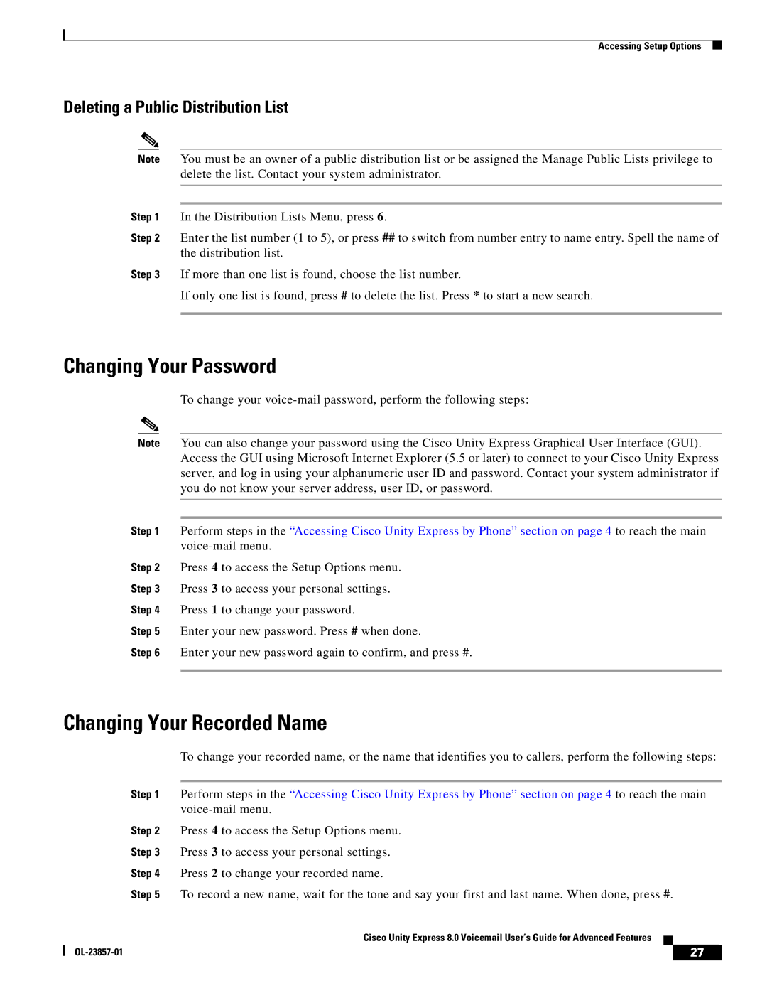 Cisco Systems OL-23857-01 manual Changing Your Password, Changing Your Recorded Name, Deleting a Public Distribution List 