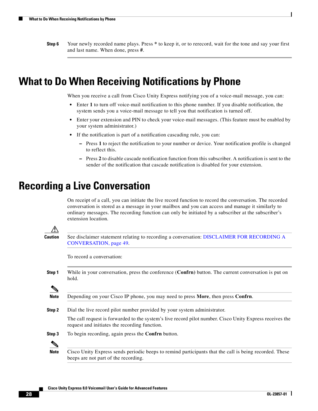 Cisco Systems OL-23857-01 manual What to Do When Receiving Notifications by Phone, Recording a Live Conversation 