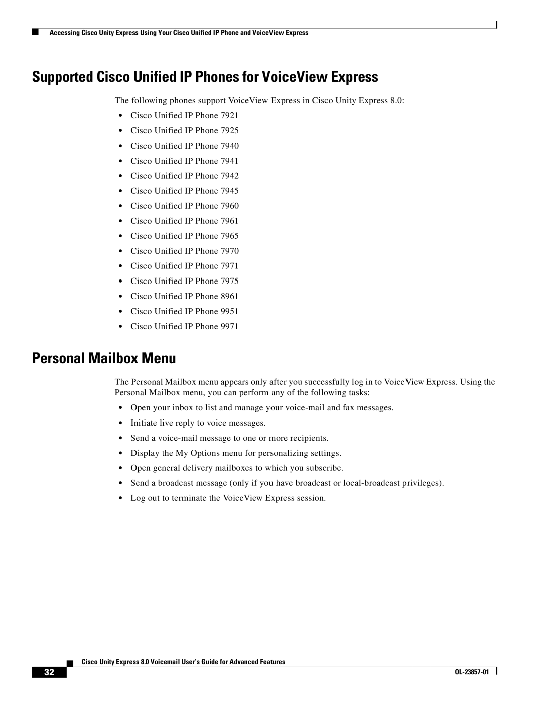 Cisco Systems OL-23857-01 manual Supported Cisco Unified IP Phones for VoiceView Express, Personal Mailbox Menu 