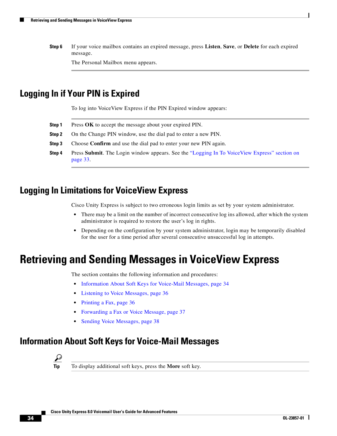 Cisco Systems OL-23857-01 manual Retrieving and Sending Messages in VoiceView Express, Logging In if Your PIN is Expired 