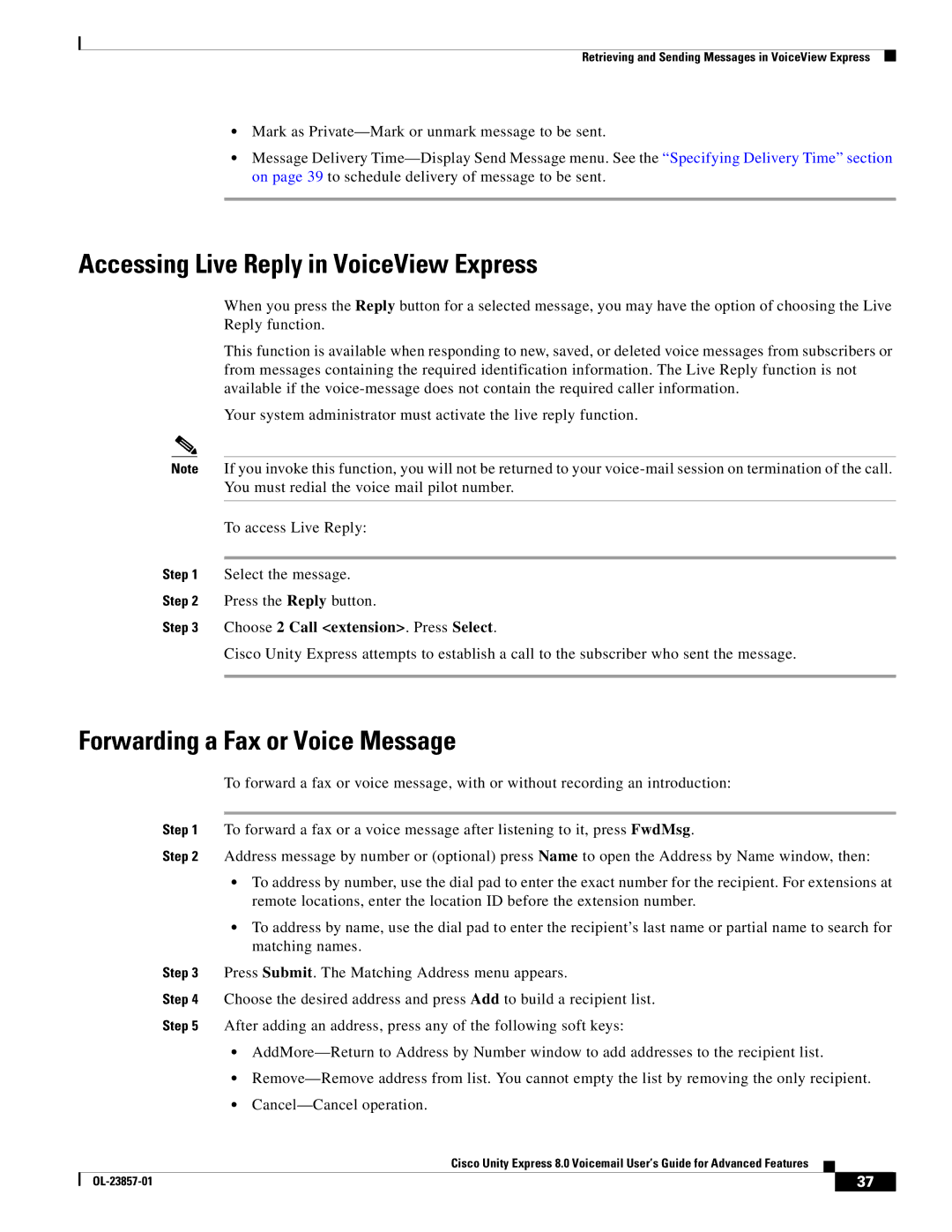 Cisco Systems OL-23857-01 manual Accessing Live Reply in VoiceView Express, Forwarding a Fax or Voice Message 