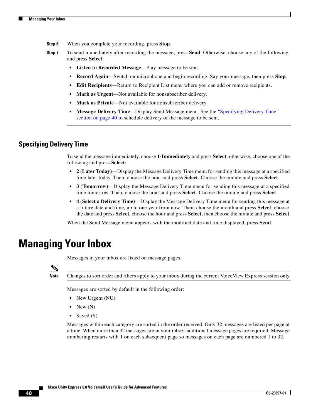 Cisco Systems OL-23857-01 manual Managing Your Inbox, Listen to Recorded Message-Play message to be sent 