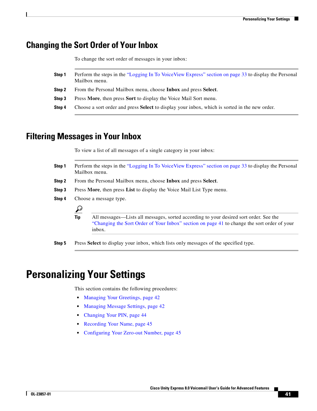 Cisco Systems OL-23857-01 manual Personalizing Your Settings, Changing the Sort Order of Your Inbox 