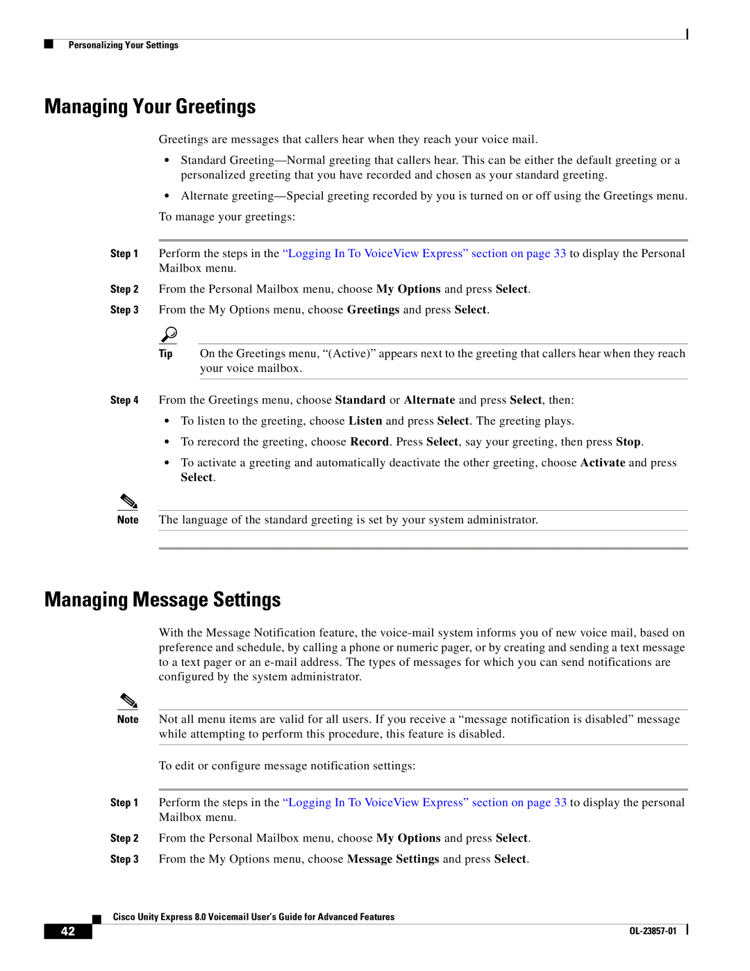 Cisco Systems OL-23857-01 manual Managing Your Greetings, Managing Message Settings 