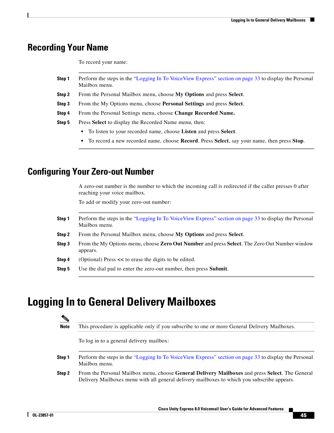 Cisco Systems OL-23857-01 Logging In to General Delivery Mailboxes, Recording Your Name, Configuring Your Zero-out Number 