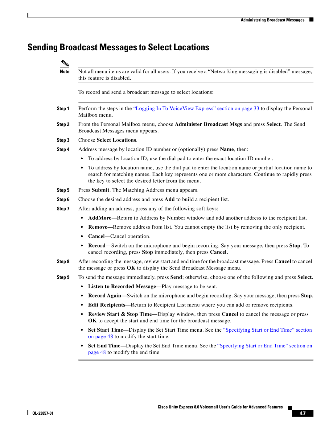 Cisco Systems OL-23857-01 manual Sending Broadcast Messages to Select Locations, Choose Select Locations 