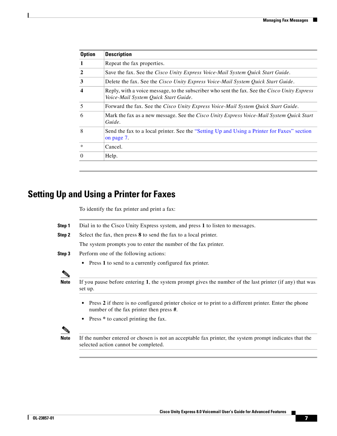 Cisco Systems OL-23857-01 manual Setting Up and Using a Printer for Faxes, Option Description 