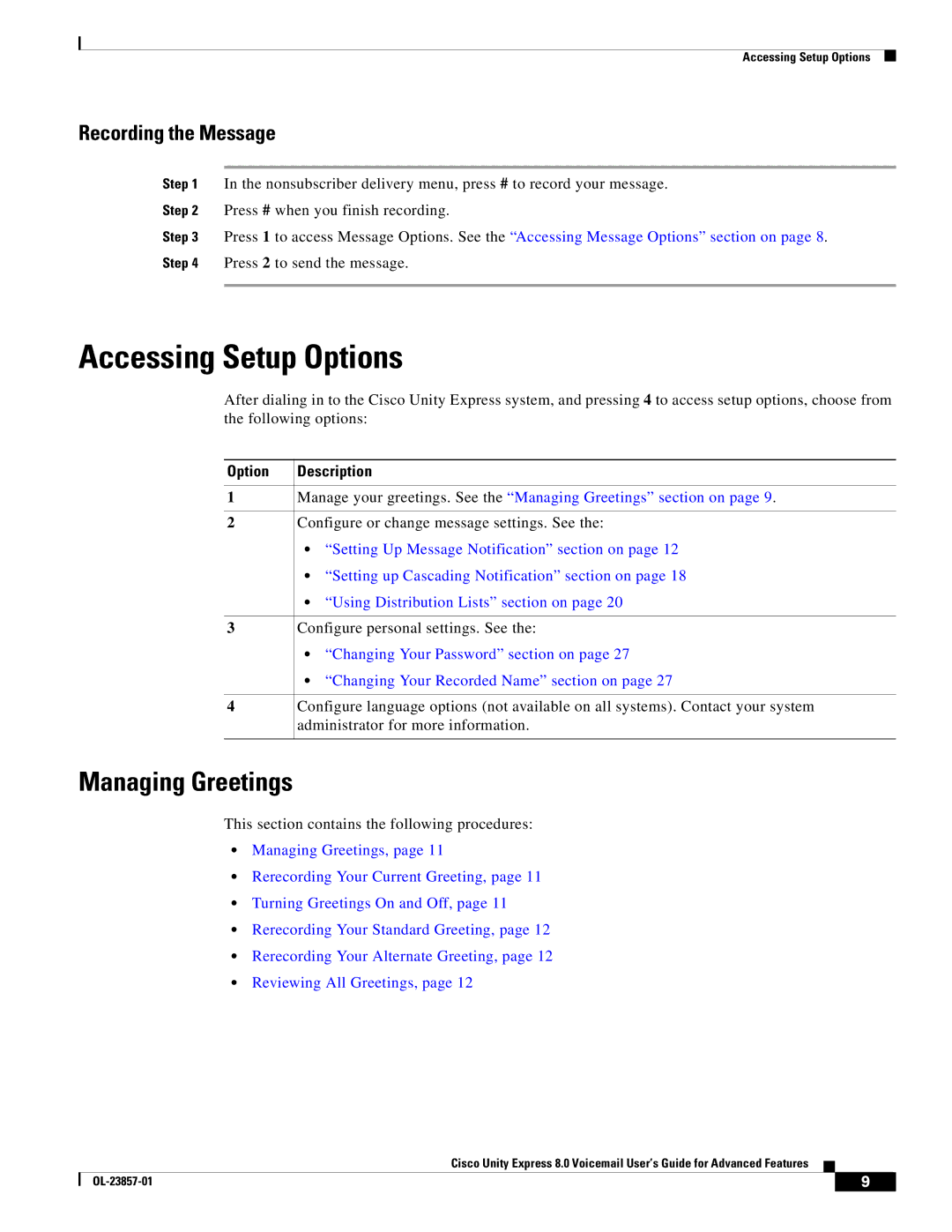 Cisco Systems OL-23857-01 manual Accessing Setup Options, Managing Greetings, Recording the Message 