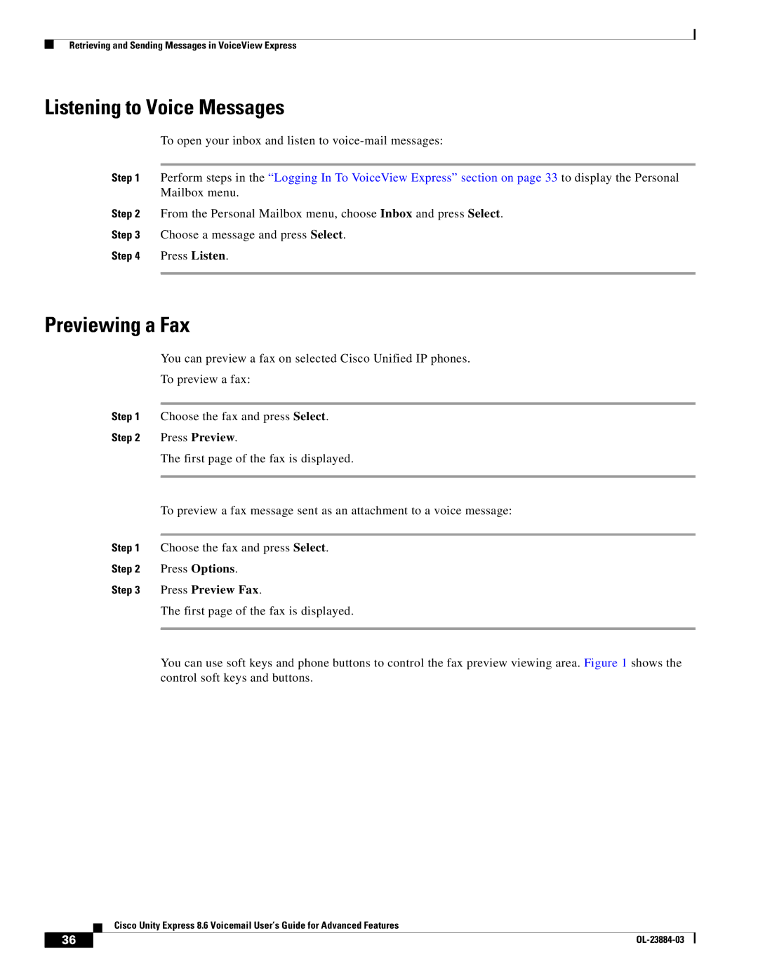 Cisco Systems OL-23884-03 manual Listening to Voice Messages, Previewing a Fax, Press Preview Fax 