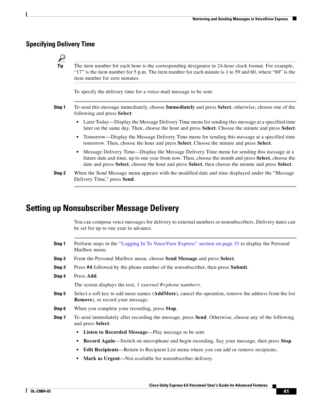 Cisco Systems OL-23884-03 manual Setting up Nonsubscriber Message Delivery, Specifying Delivery Time 