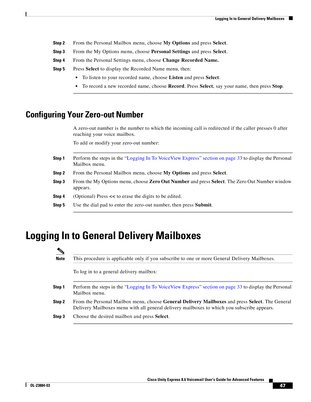 Cisco Systems OL-23884-03 manual Logging In to General Delivery Mailboxes, Configuring Your Zero-out Number 