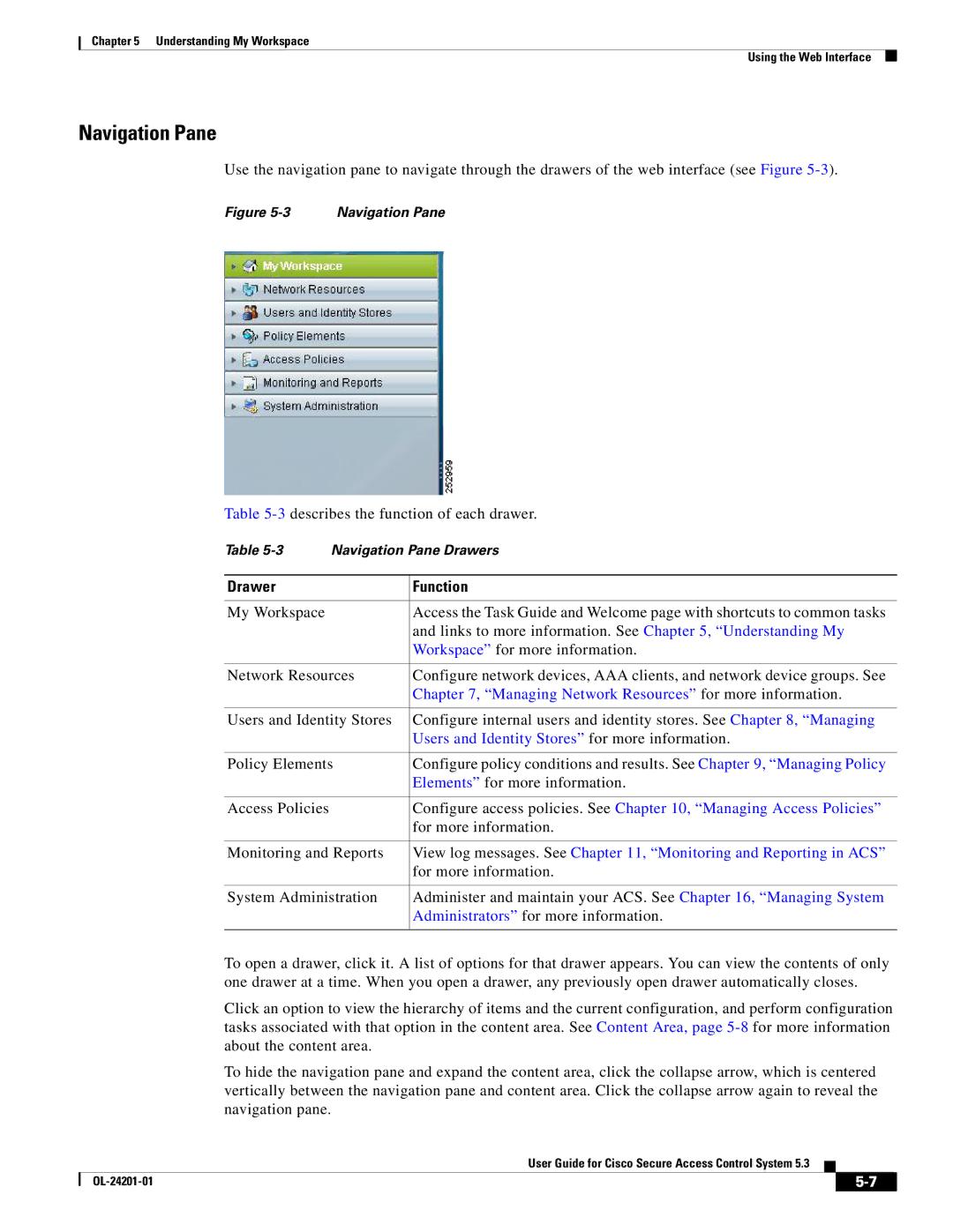 Cisco Systems OL-24201-01 manual Navigation Pane, Drawer Function 