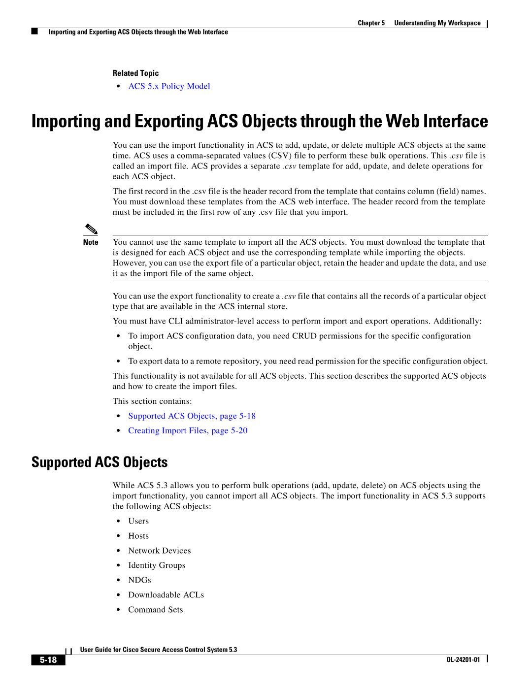 Cisco Systems OL-24201-01 manual ACS 5.x Policy Model, Supported ACS Objects, Creating Import Files 