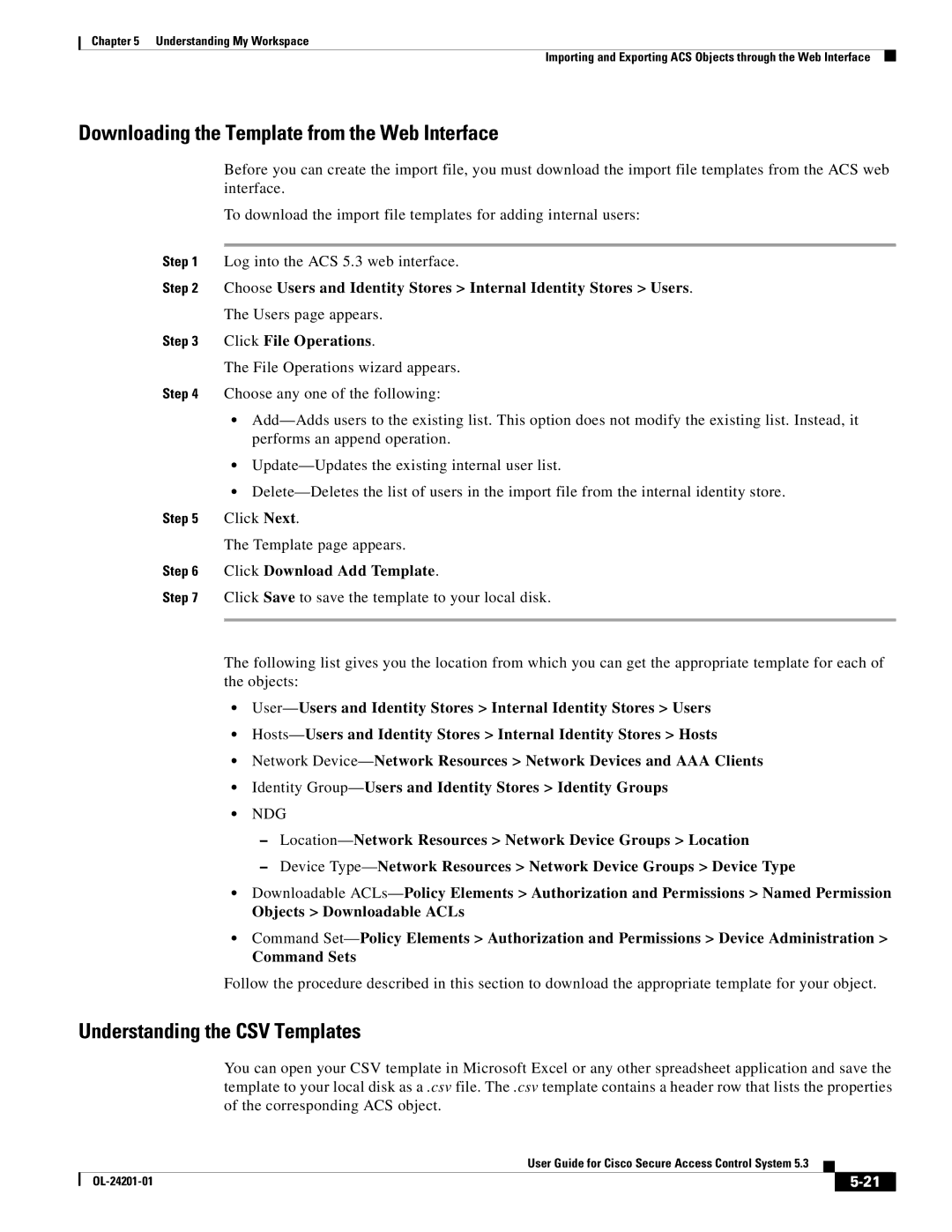 Cisco Systems OL-24201-01 manual Downloading the Template from the Web Interface, Understanding the CSV Templates, Ndg 