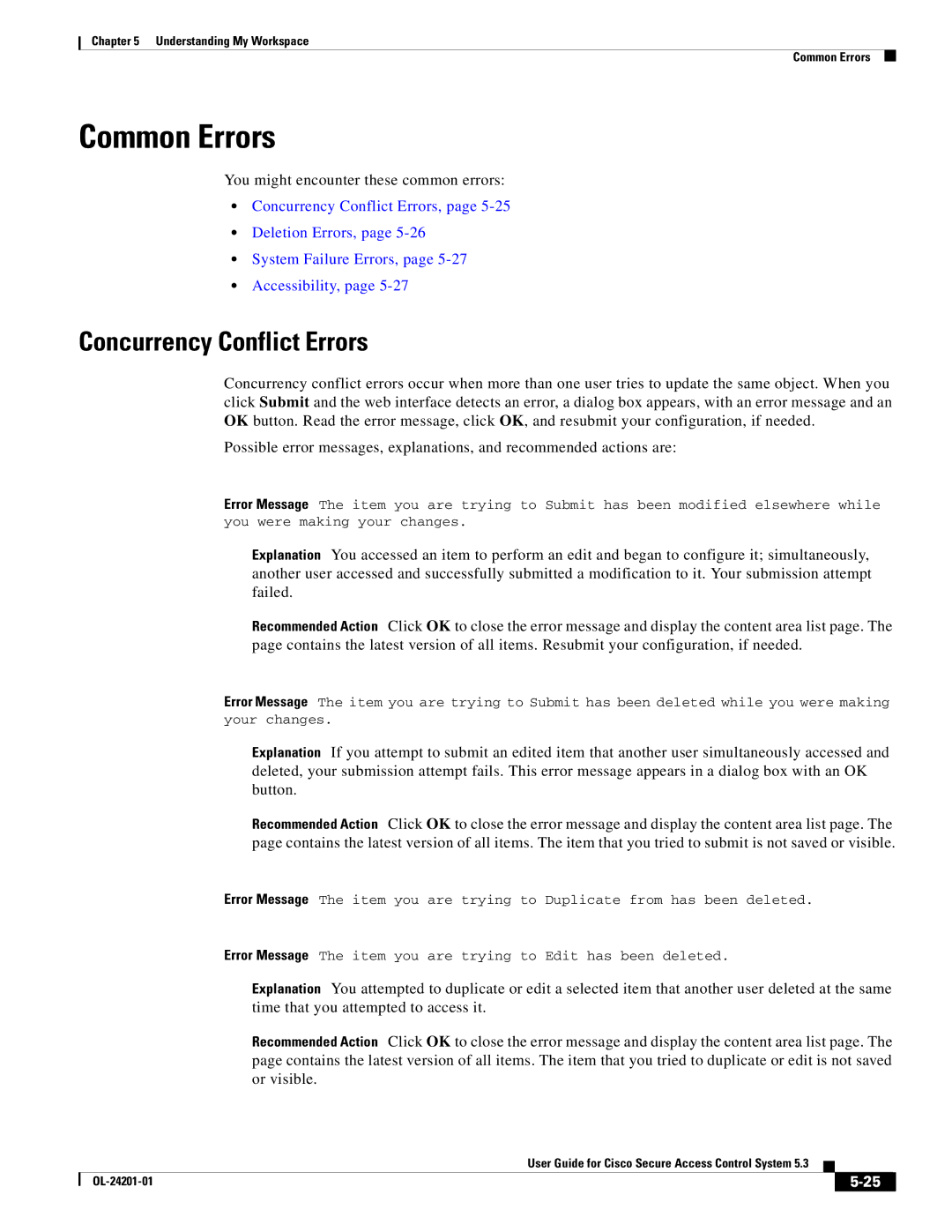 Cisco Systems OL-24201-01 manual Common Errors, Concurrency Conflict Errors 