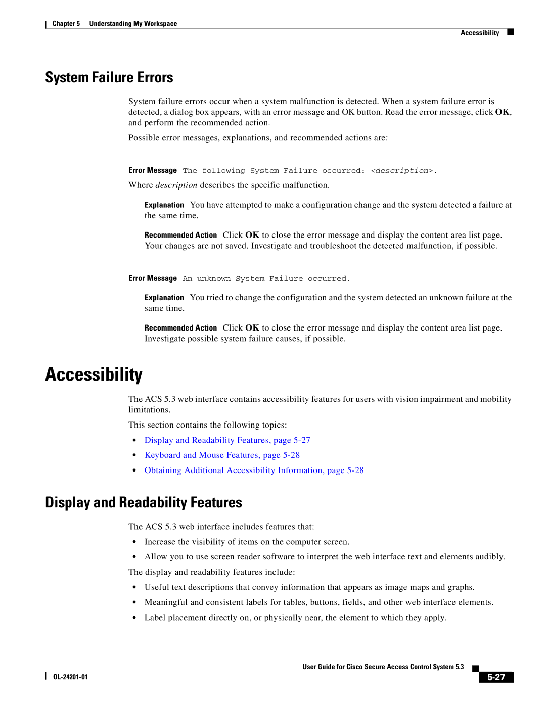 Cisco Systems OL-24201-01 manual Accessibility, System Failure Errors, Display and Readability Features 