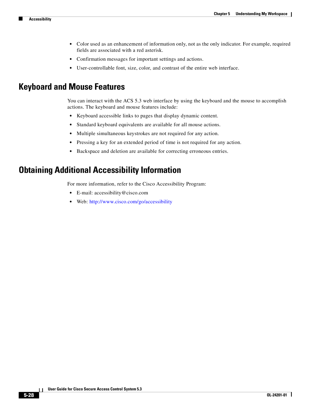 Cisco Systems OL-24201-01 manual Keyboard and Mouse Features, Obtaining Additional Accessibility Information 