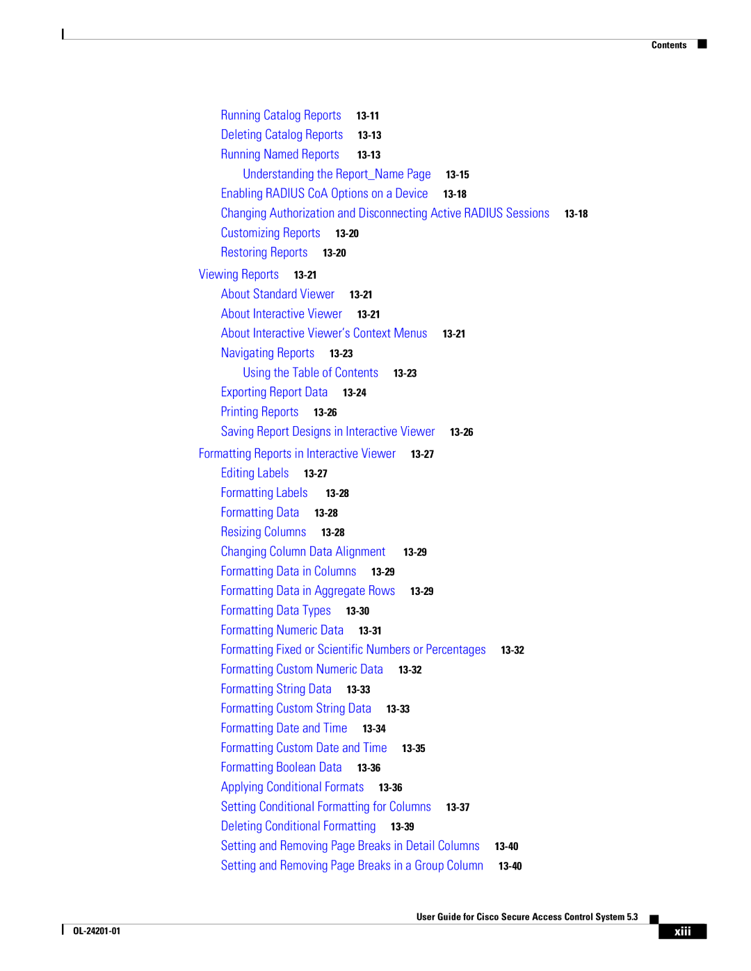 Cisco Systems OL-24201-01 manual Exporting Report Data, Xiii 