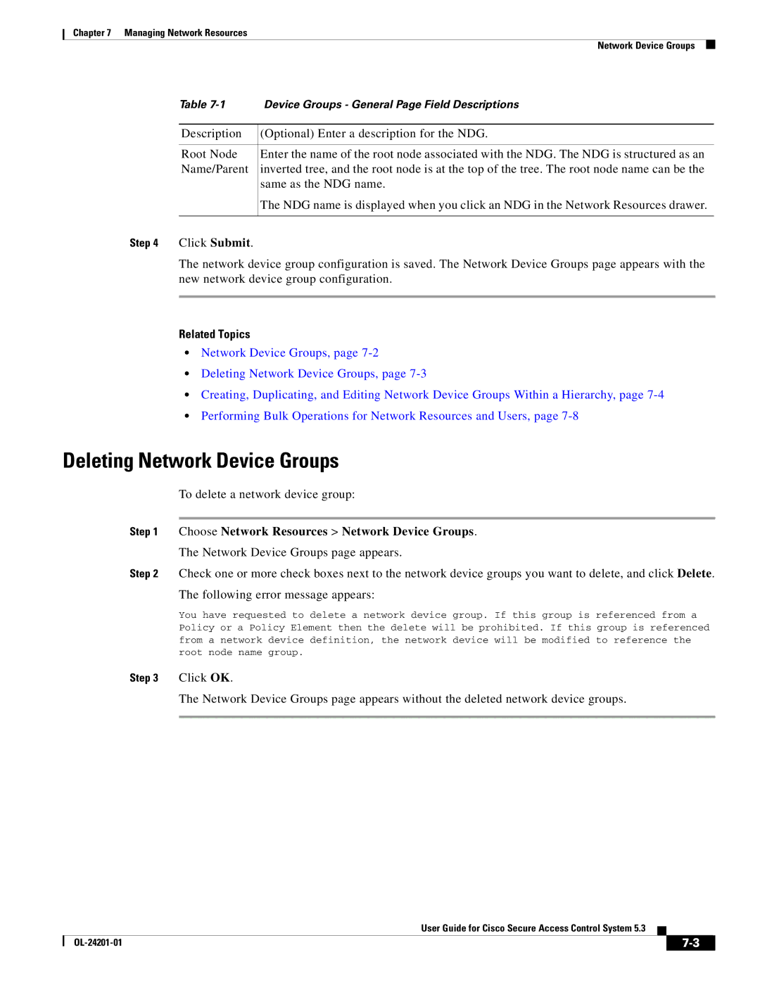 Cisco Systems OL-24201-01 manual Deleting Network Device Groups 