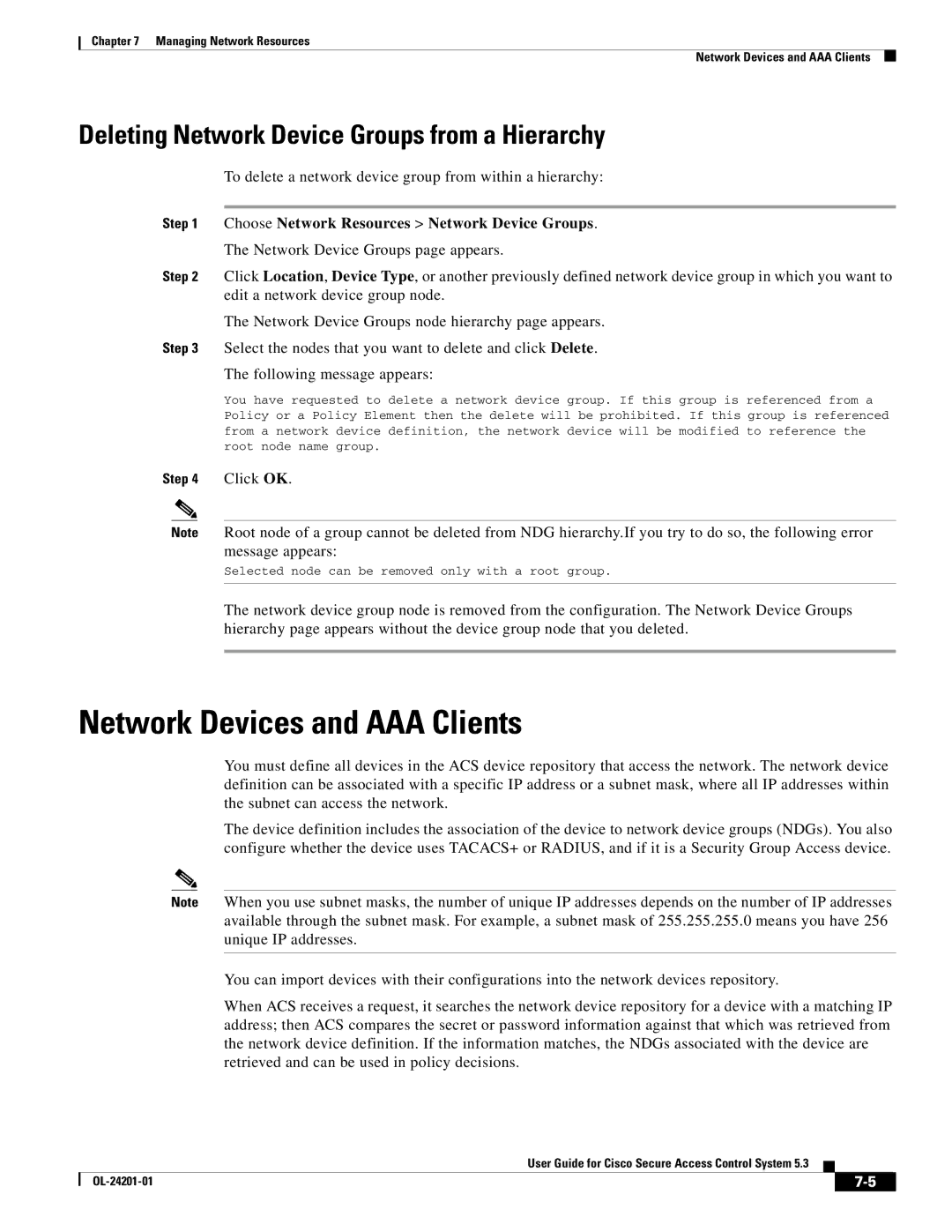 Cisco Systems OL-24201-01 manual Network Devices and AAA Clients, Deleting Network Device Groups from a Hierarchy 