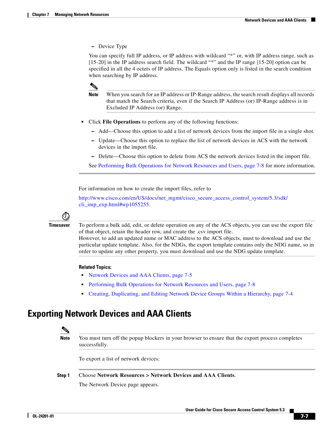 Cisco Systems OL-24201-01 manual Exporting Network Devices and AAA Clients, Network Device page appears 