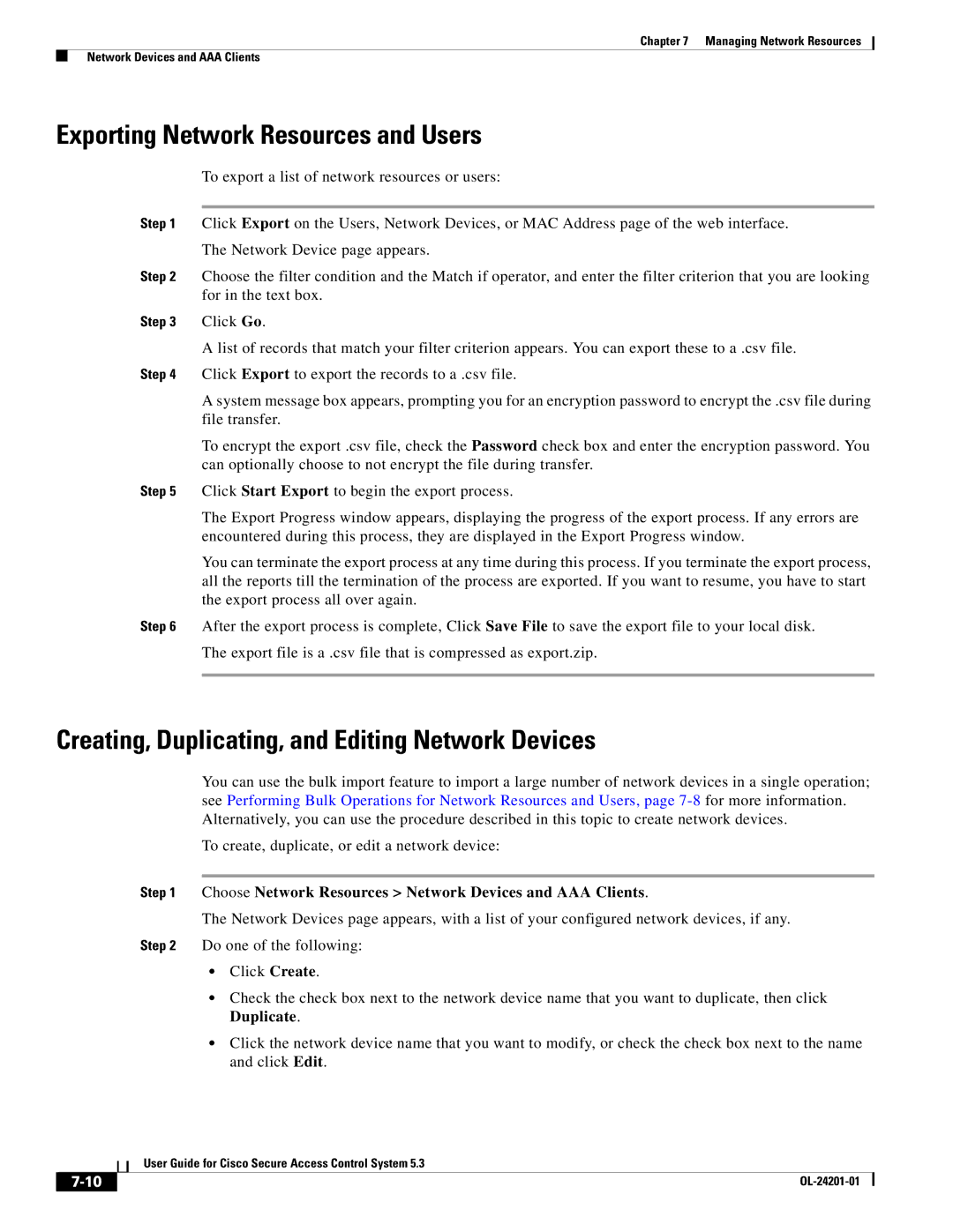 Cisco Systems OL-24201-01 manual Exporting Network Resources and Users, Creating, Duplicating, and Editing Network Devices 