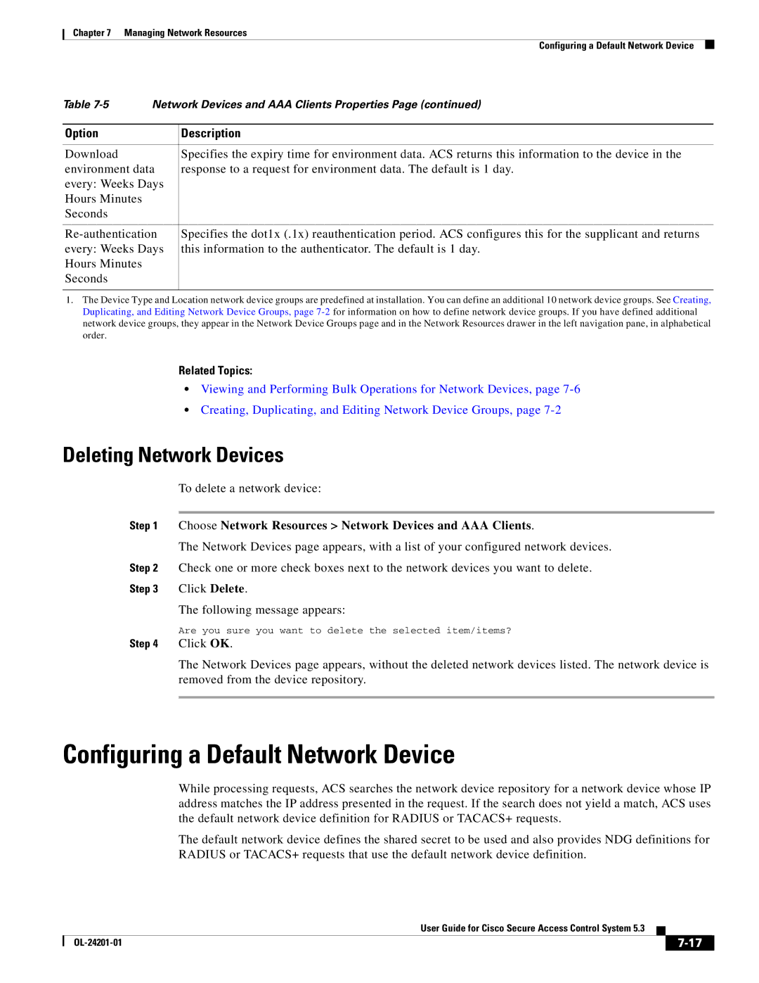 Cisco Systems OL-24201-01 manual Configuring a Default Network Device, Deleting Network Devices 