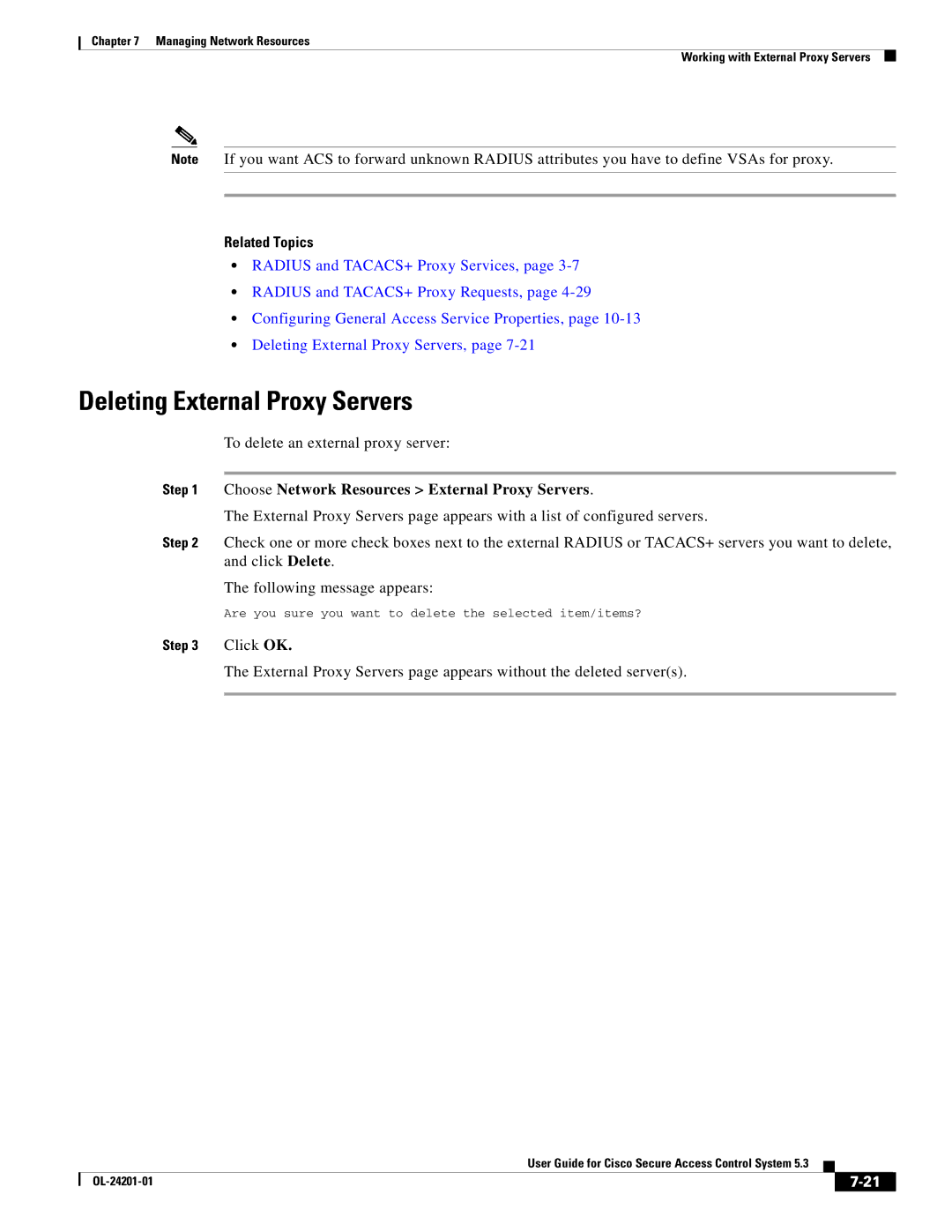 Cisco Systems OL-24201-01 manual Deleting External Proxy Servers 