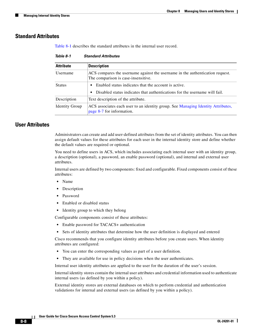 Cisco Systems OL-24201-01 manual Standard Attributes, User Attributes, Attribute Description 