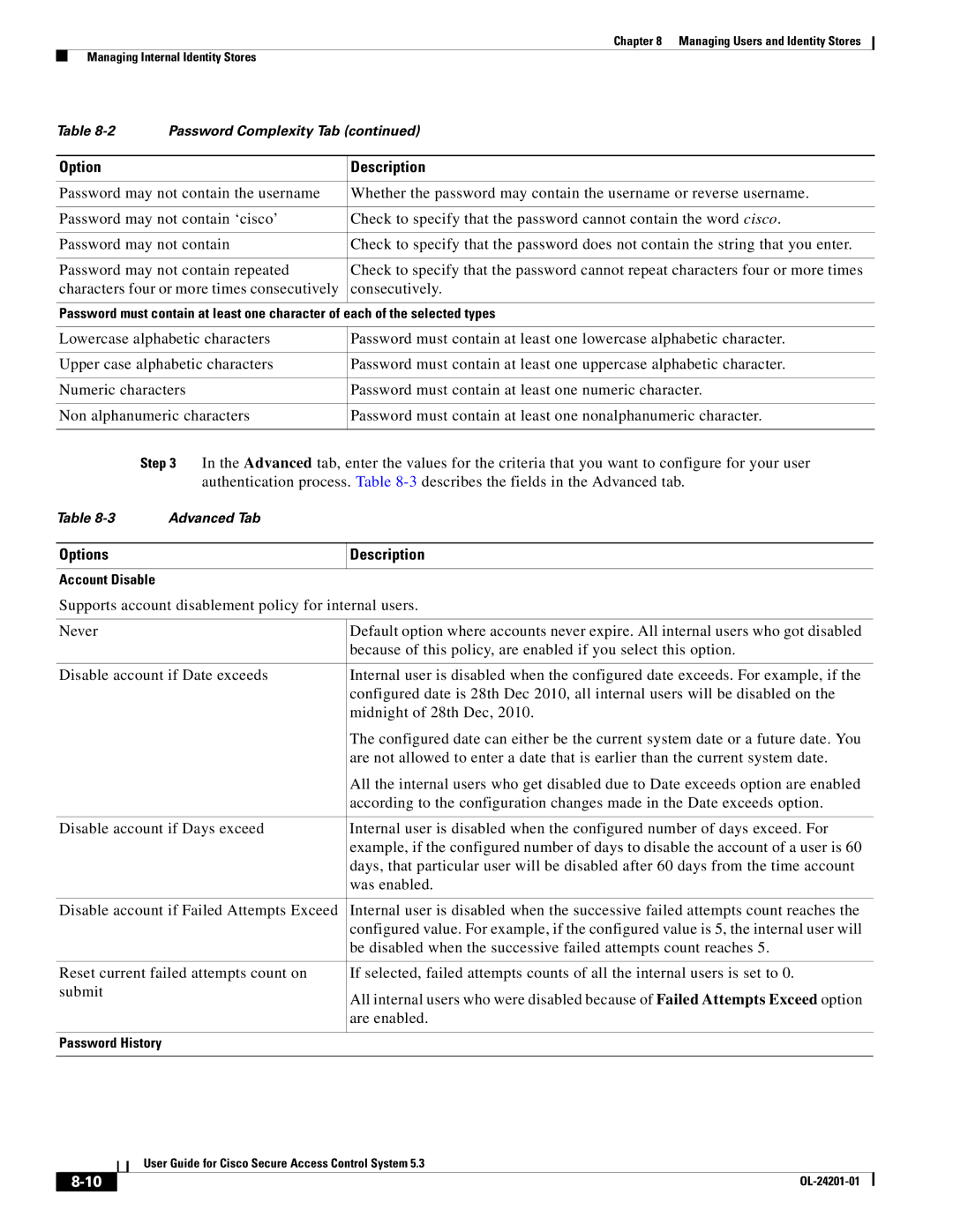 Cisco Systems OL-24201-01 manual Options Description, Password History 