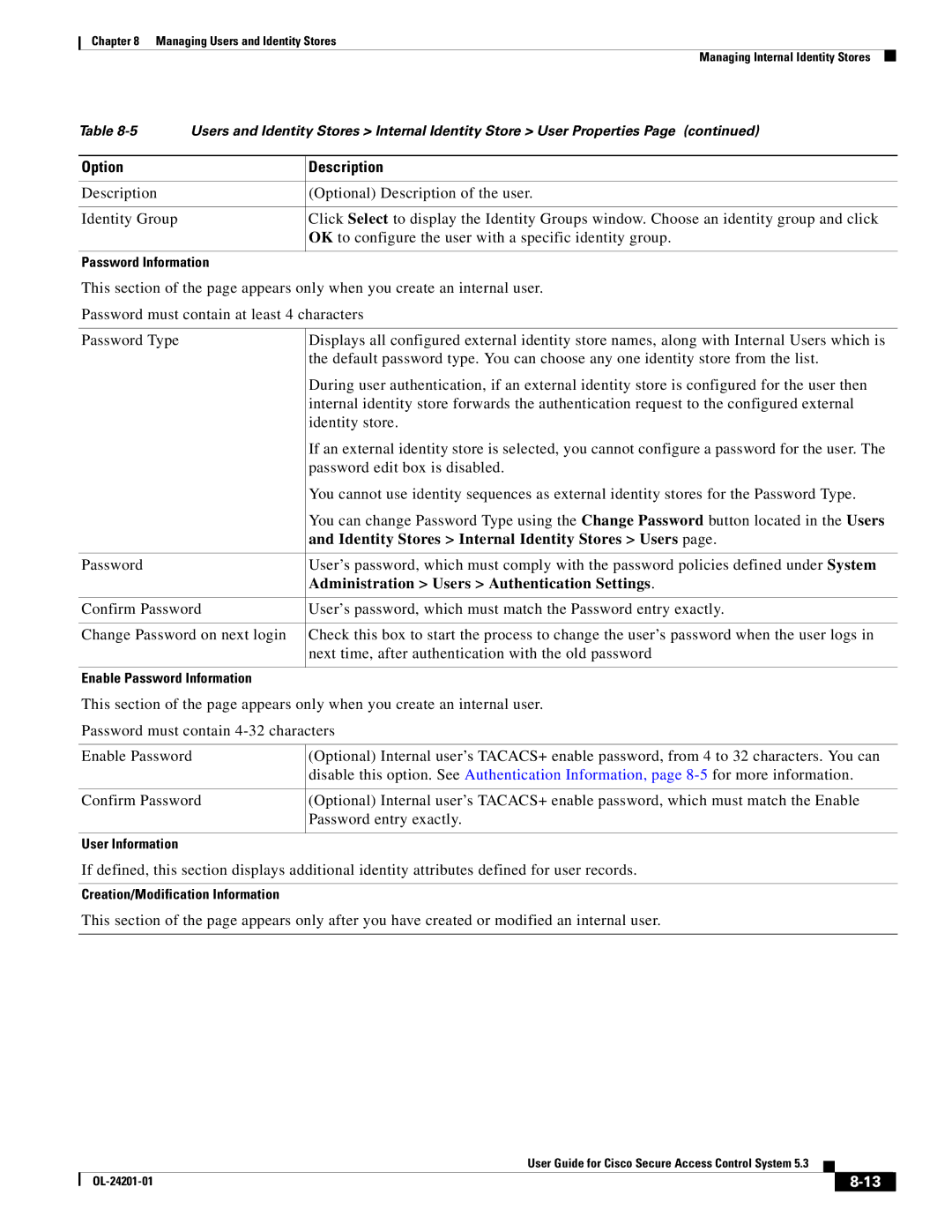 Cisco Systems OL-24201-01 Identity Stores Internal Identity Stores Users, Administration Users Authentication Settings 