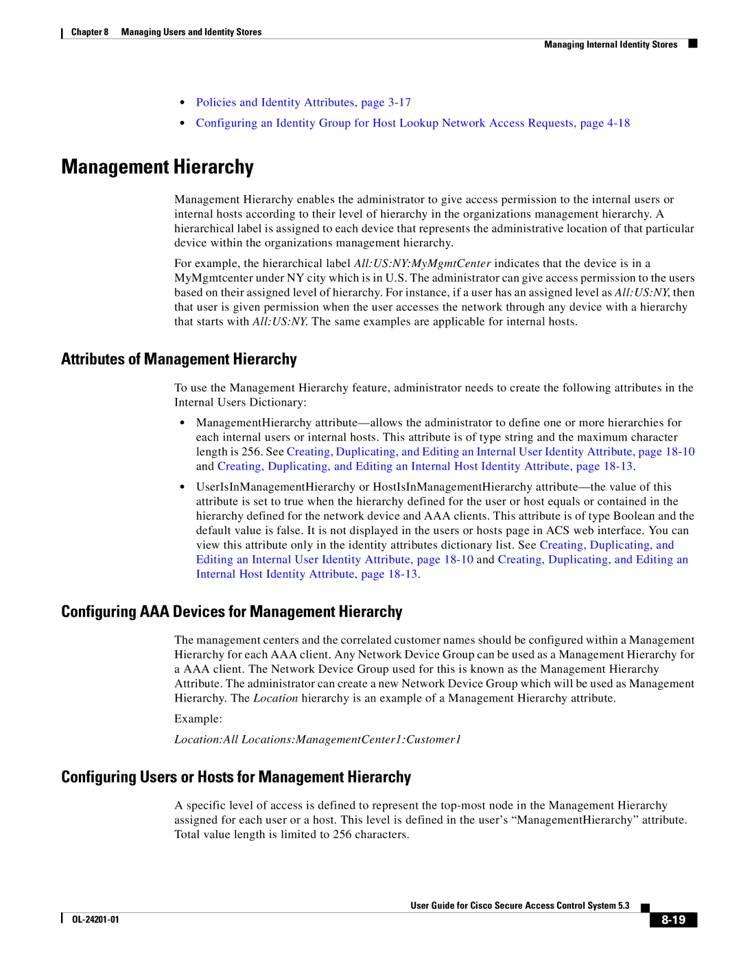 Cisco Systems OL-24201-01 manual Attributes of Management Hierarchy, Configuring AAA Devices for Management Hierarchy 