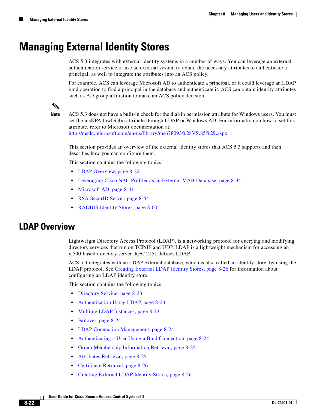 Cisco Systems OL-24201-01 manual Managing External Identity Stores, Ldap Overview 