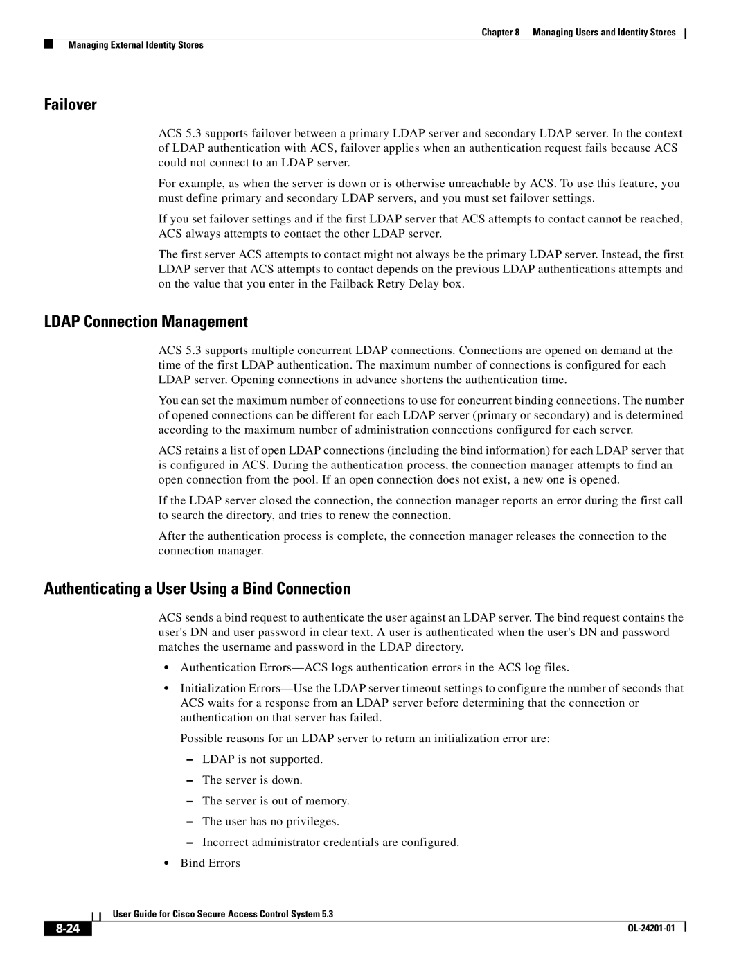 Cisco Systems OL-24201-01 manual Failover, Ldap Connection Management, Authenticating a User Using a Bind Connection 