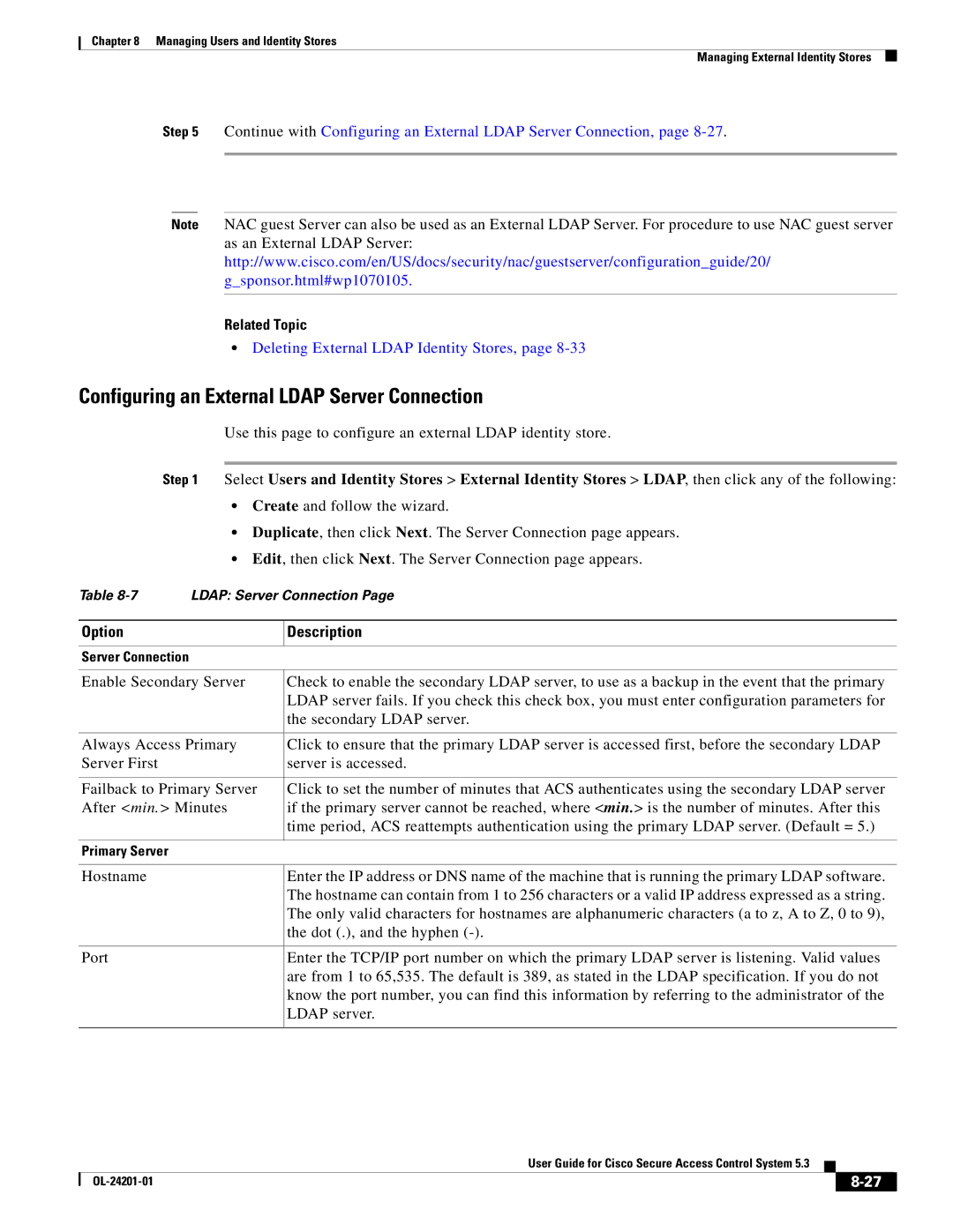 Cisco Systems OL-24201-01 manual Configuring an External Ldap Server Connection, Related Topic 