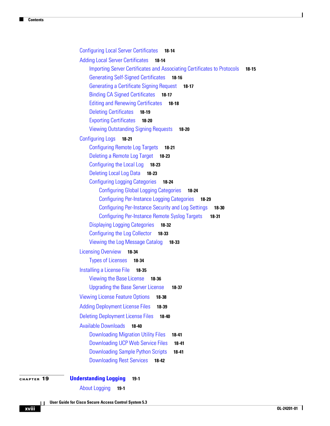 Cisco Systems OL-24201-01 manual Configuring Logs, Xviii 