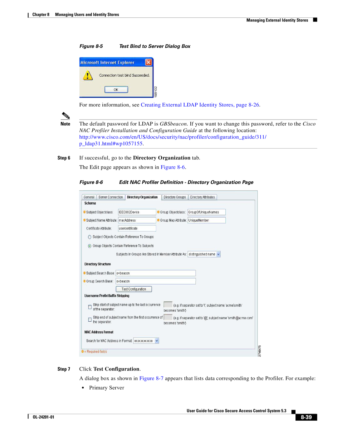 Cisco Systems OL-24201-01 manual Click Test Configuration, Test Bind to Server Dialog Box 