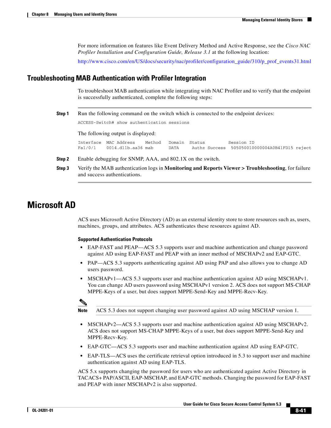 Cisco Systems OL-24201-01 manual Microsoft AD, Supported Authentication Protocols 