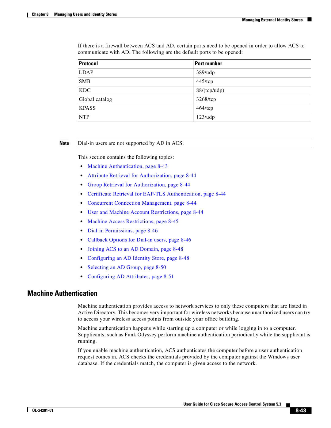 Cisco Systems OL-24201-01 manual Machine Authentication, Protocol Port number 