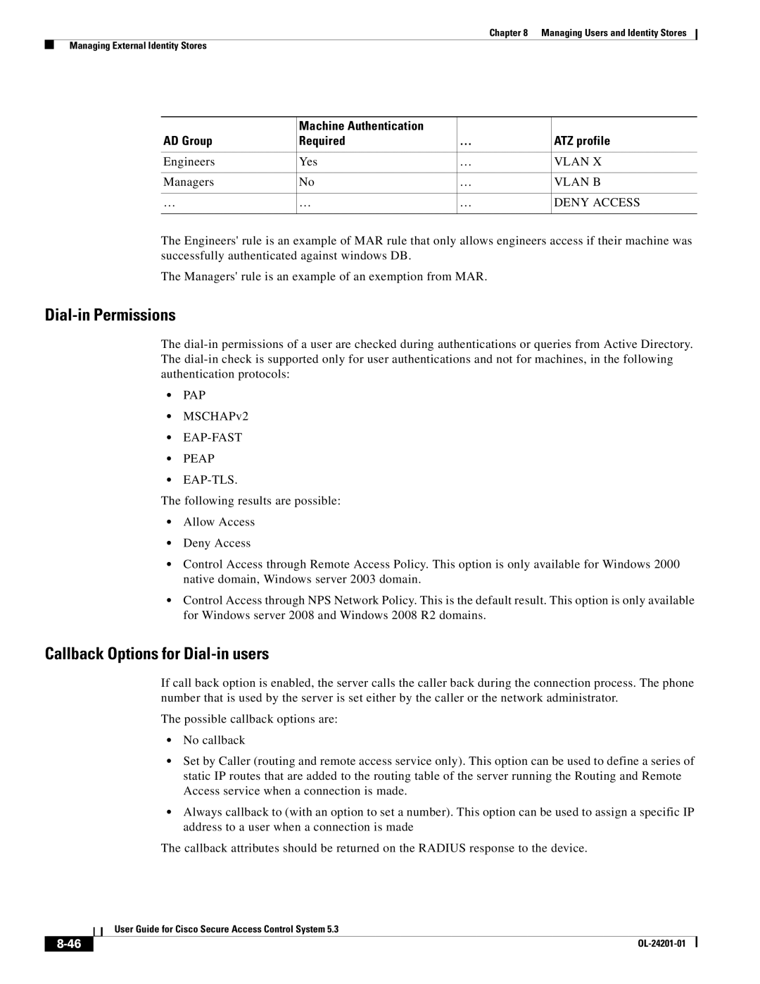 Cisco Systems OL-24201-01 manual Dial-in Permissions, Callback Options for Dial-in users 