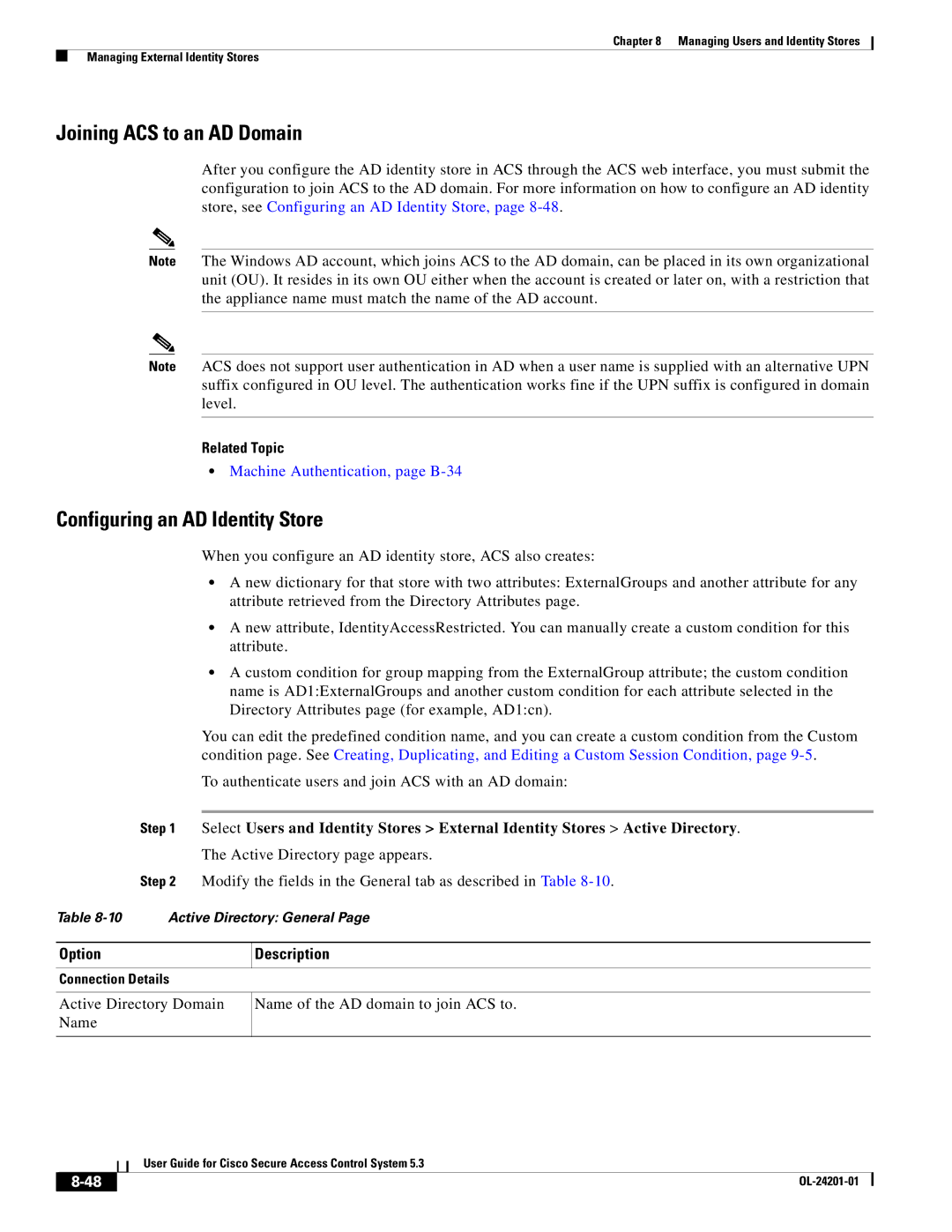 Cisco Systems OL-24201-01 Joining ACS to an AD Domain, Configuring an AD Identity Store, Machine Authentication, page B-34 