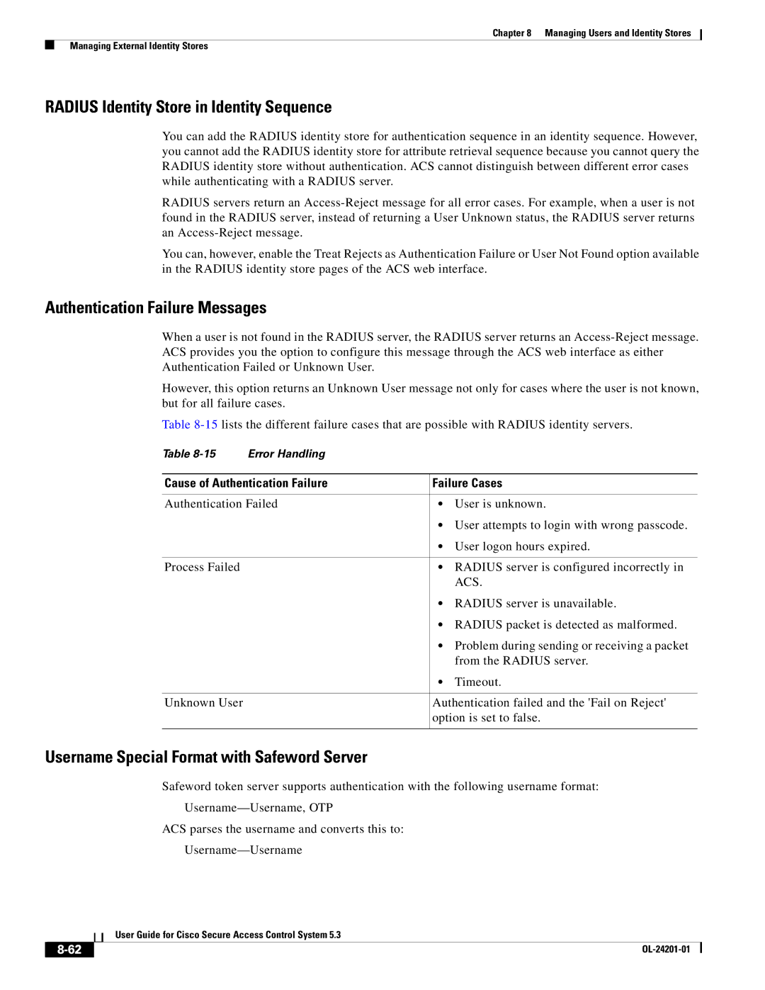 Cisco Systems OL-24201-01 manual Radius Identity Store in Identity Sequence, Authentication Failure Messages, Acs 