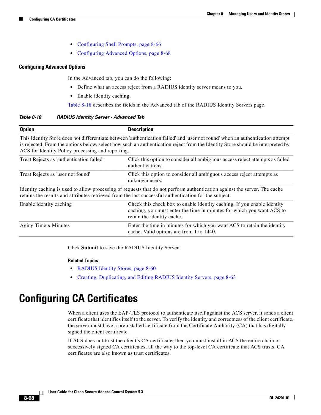 Cisco Systems OL-24201-01 manual Configuring CA Certificates, Configuring Shell Prompts, Configuring Advanced Options 