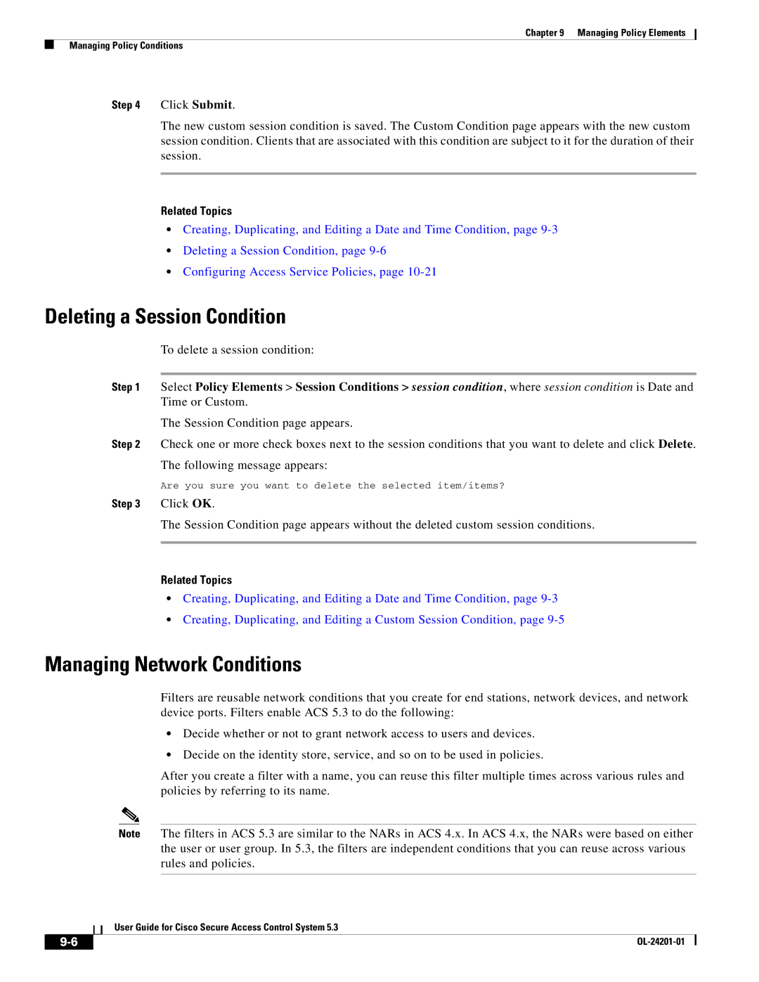 Cisco Systems OL-24201-01 manual Deleting a Session Condition, Managing Network Conditions 