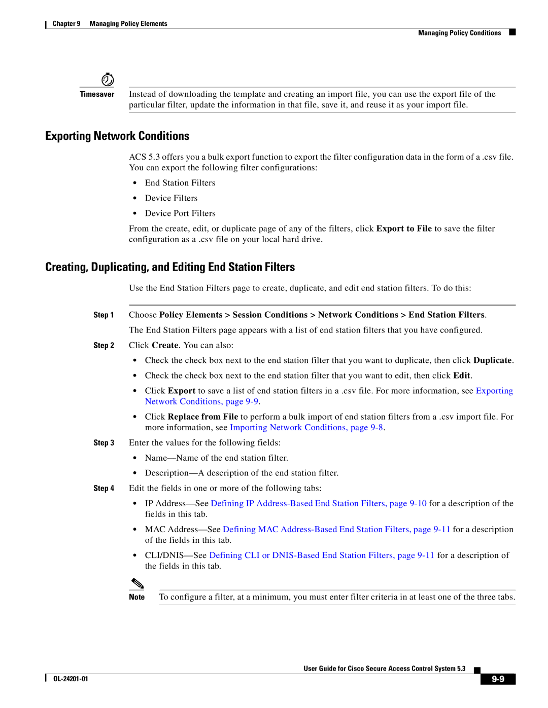 Cisco Systems OL-24201-01 manual Exporting Network Conditions, Creating, Duplicating, and Editing End Station Filters 