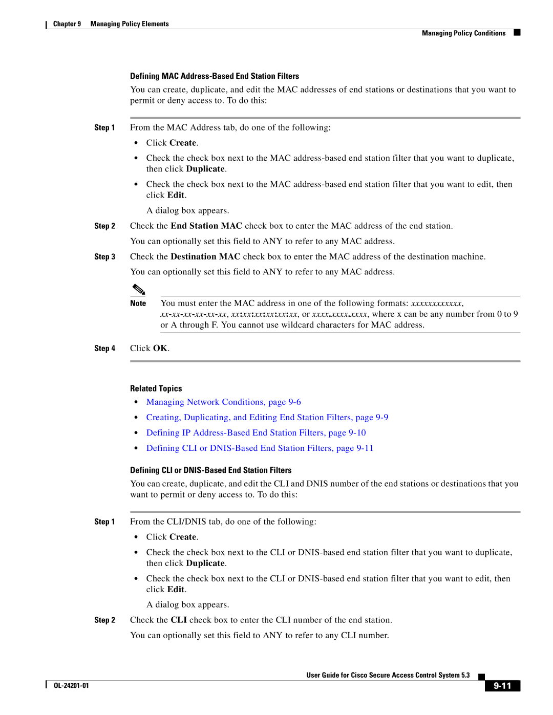 Cisco Systems OL-24201-01 Defining MAC Address-Based End Station Filters, Defining CLI or DNIS-Based End Station Filters 