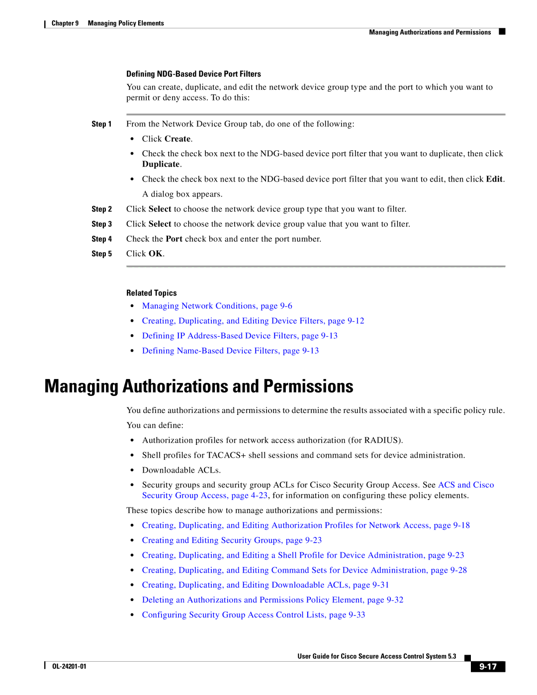 Cisco Systems OL-24201-01 manual Managing Authorizations and Permissions, Defining NDG-Based Device Port Filters 