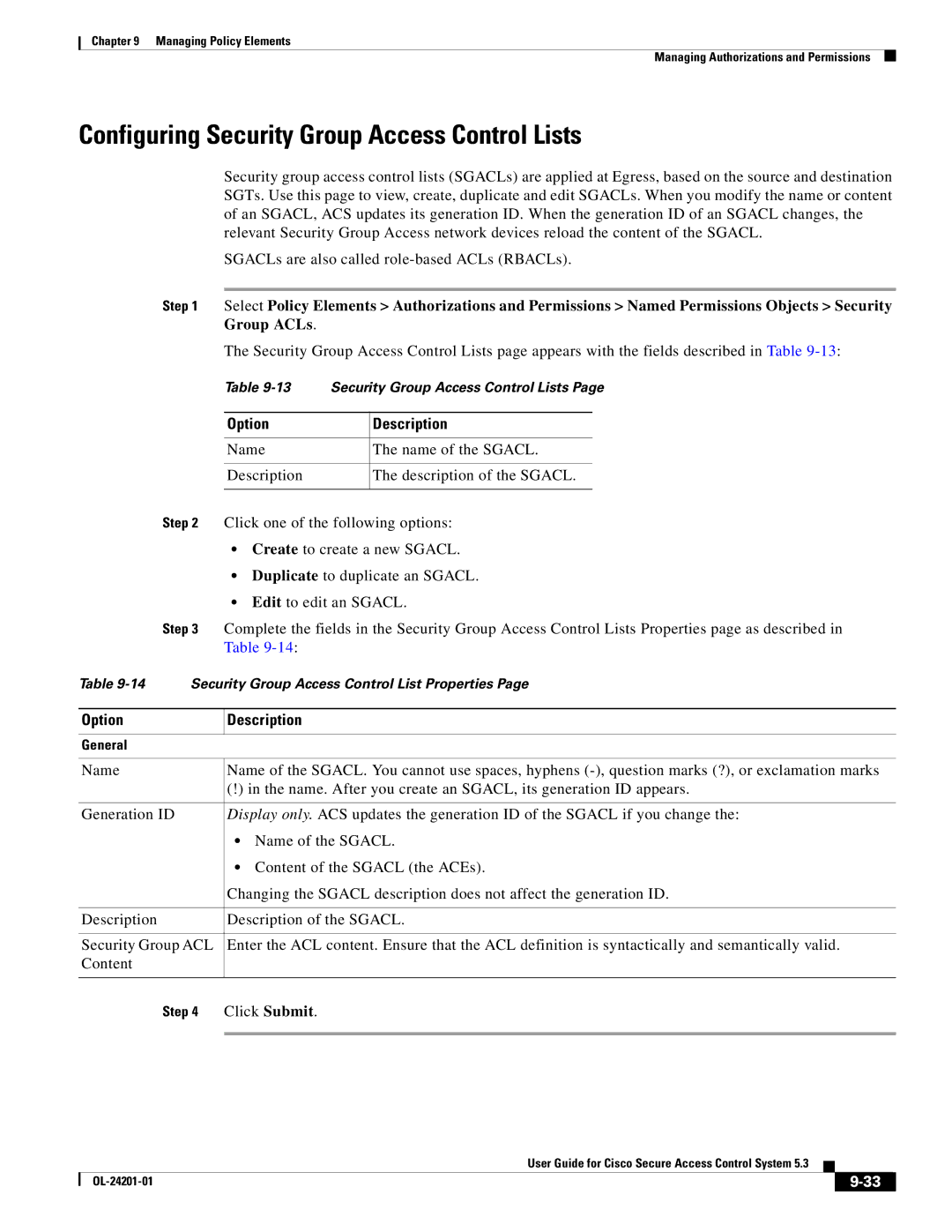 Cisco Systems OL-24201-01 manual Configuring Security Group Access Control Lists 