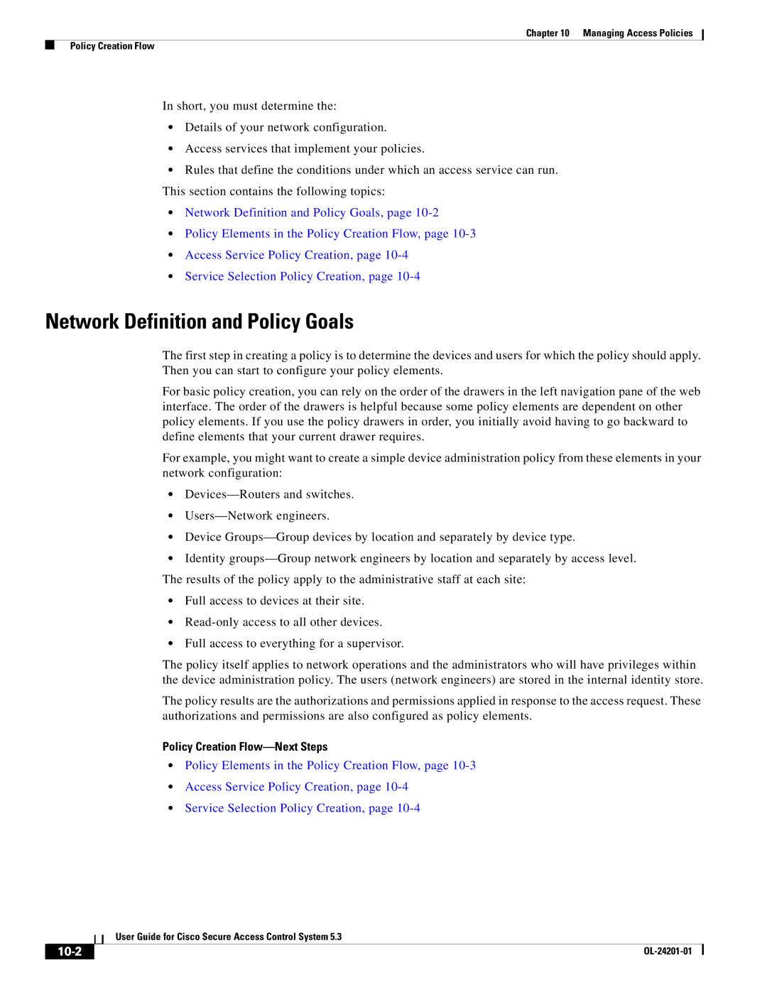 Cisco Systems OL-24201-01 manual Network Definition and Policy Goals, Policy Creation Flow-Next Steps, 10-2 