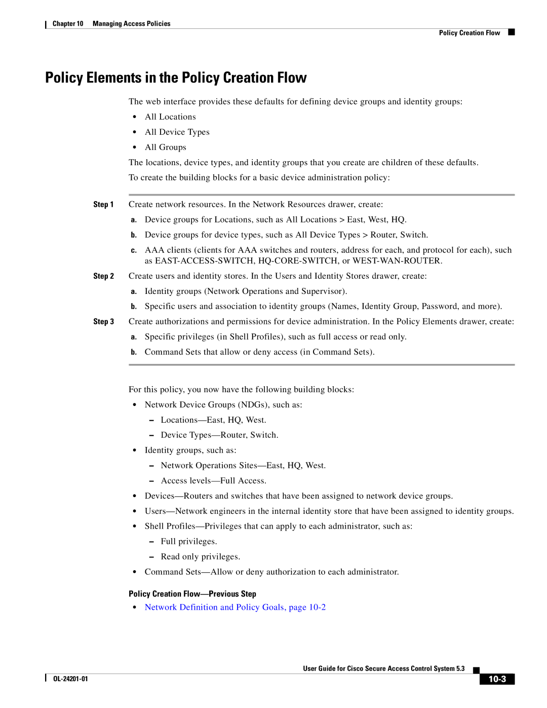 Cisco Systems OL-24201-01 manual Policy Elements in the Policy Creation Flow, Policy Creation Flow-Previous Step, 10-3 